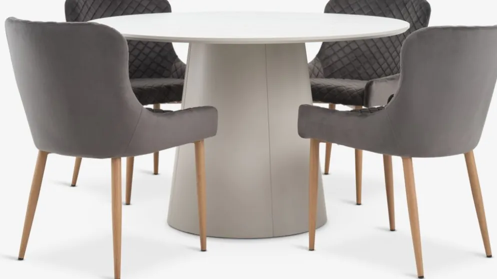 KLIPLEV + PEBRINGEKLIPLEV Ø120 table imi. travertin + 4 PEBRINGE chaises vel g