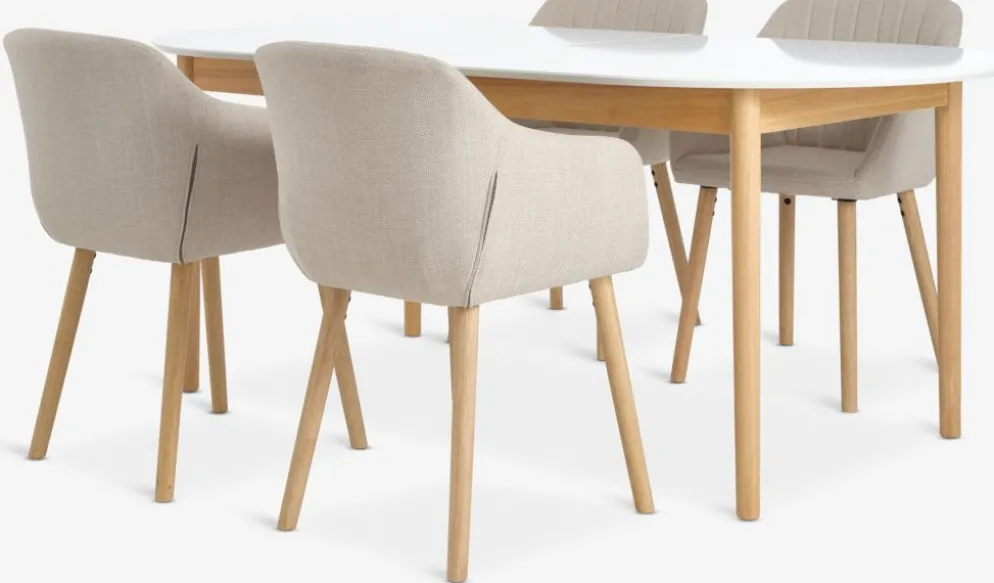 MARSTRAND + ADSLEVMARSTRAND L200/280 table blanc + 4 ADSLEV chaises beige