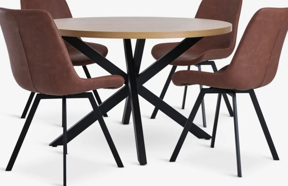 NORTOFT + HYGUMNORTOFT Ø120 table coloris chêne + 4 HYGUM chaises cognac