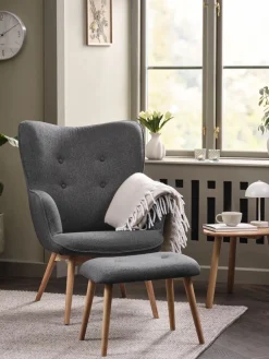 SKALBORGFauteuil/repose-pieds SKALBORG tissu gris foncé/chêne